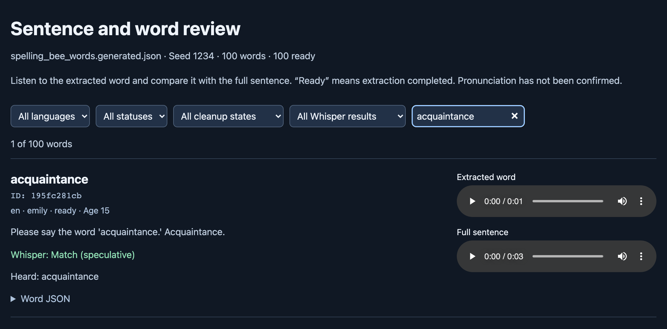 The review page filtered to acquaintance, showing its sentence, extracted audio, word ID, and Whisper match.