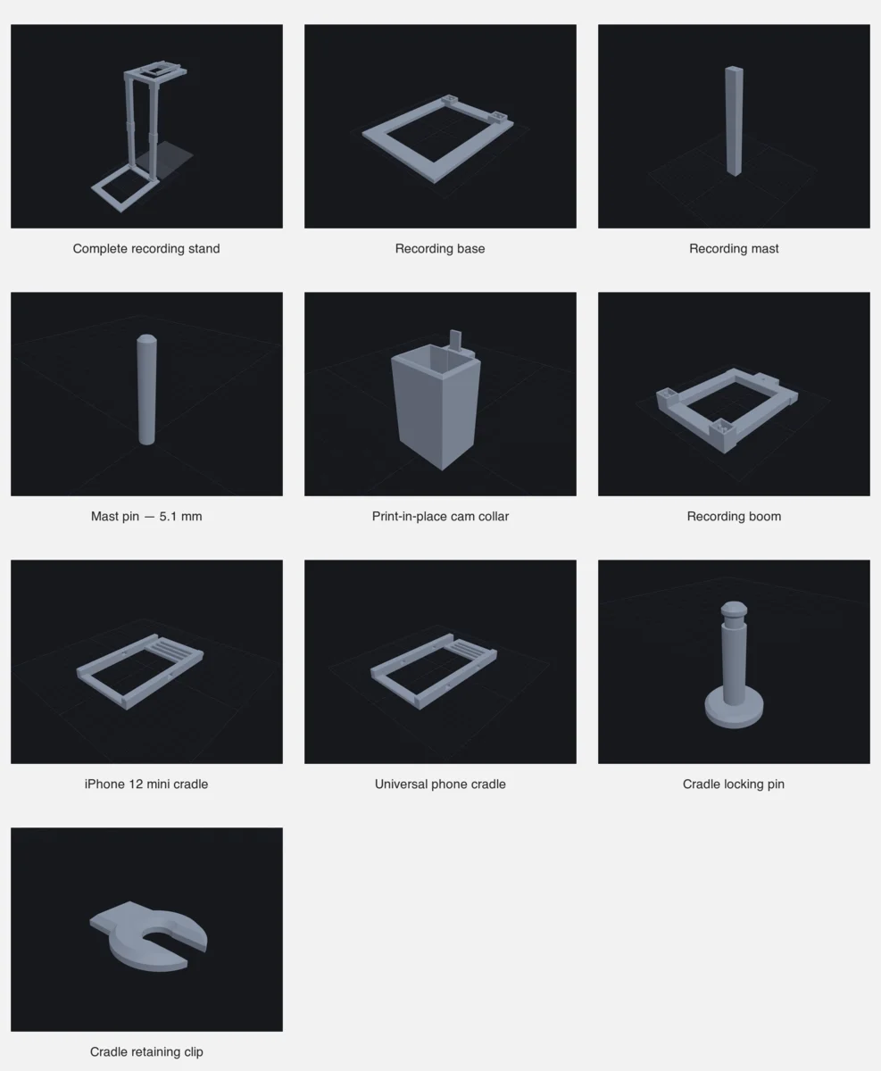 A contact sheet showing the complete recording stand and each printable component, including its base, mast, collar, boom, phone cradles, pin, and clip