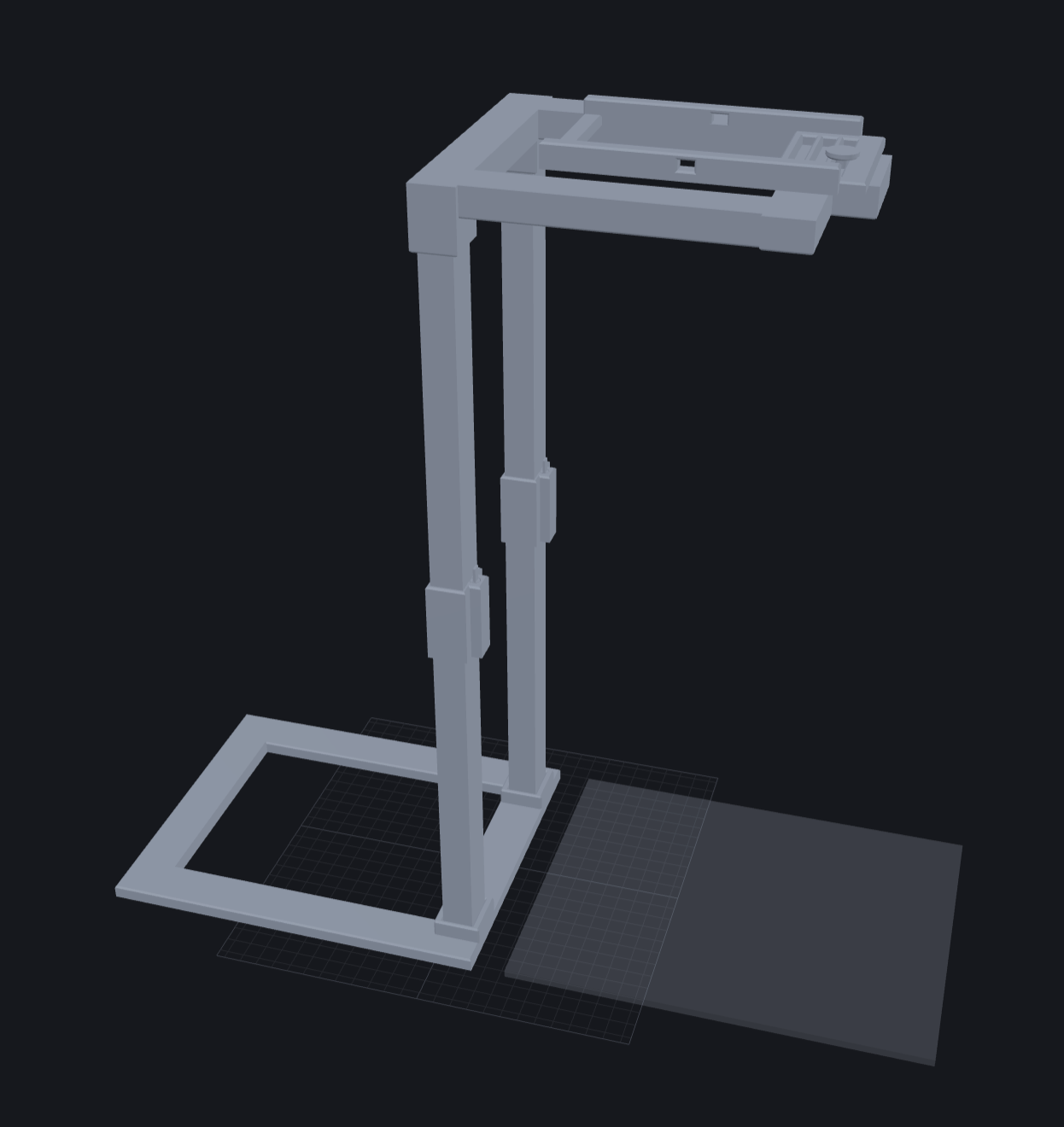 A 3D render of the recording stand, with a rectangular base, two tall supports, and an overhead phone cradle