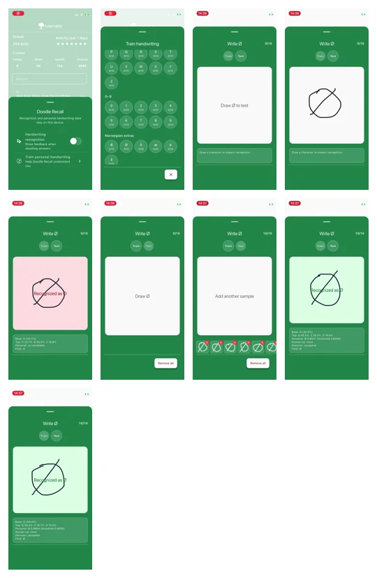Selected frames from the handwriting recognition walkthrough, from the initial failed test through ten training samples to two successful tests.