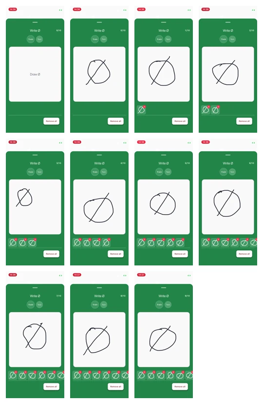 The empty training canvas followed by ten handwritten Ø samples being added in Learnalist.