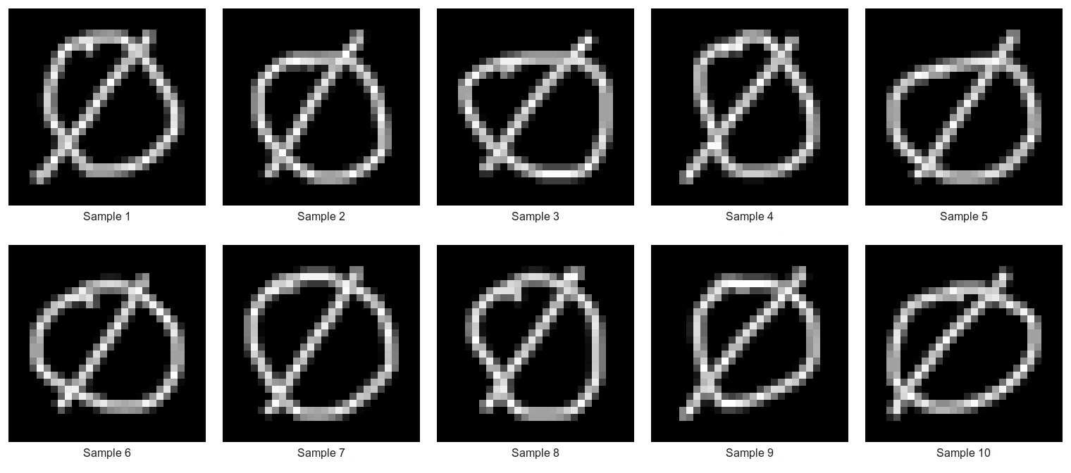 Ten pixelated 28 by 28 greyscale rasters of handwritten Ø samples on black backgrounds.