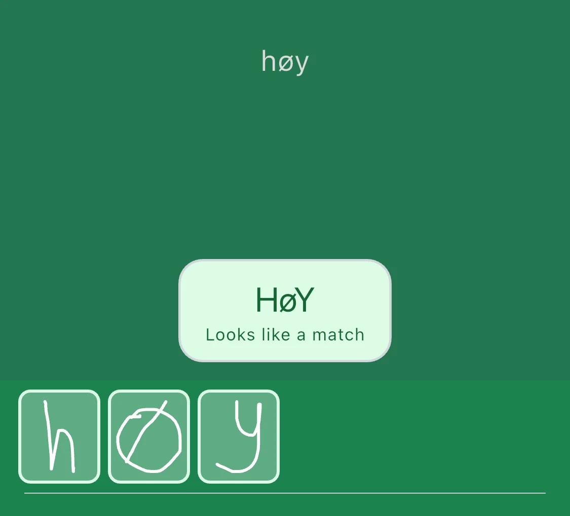 A handwritten answer to the Norwegian prompt høy, recognised by Doodle Recall as a match.